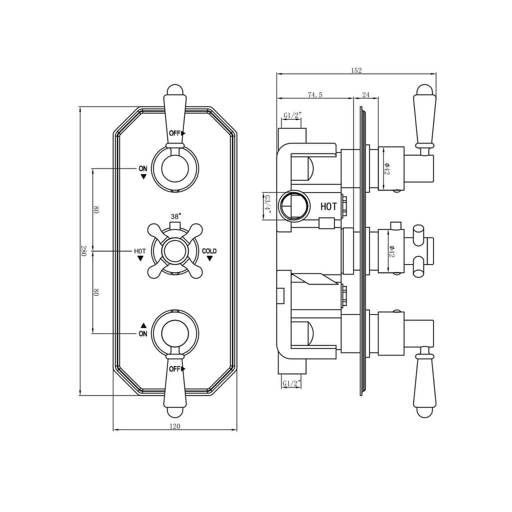 Regent traditional crosshead and white lever concealed thermostatic triple shower valve with 2 outlets - antique brass