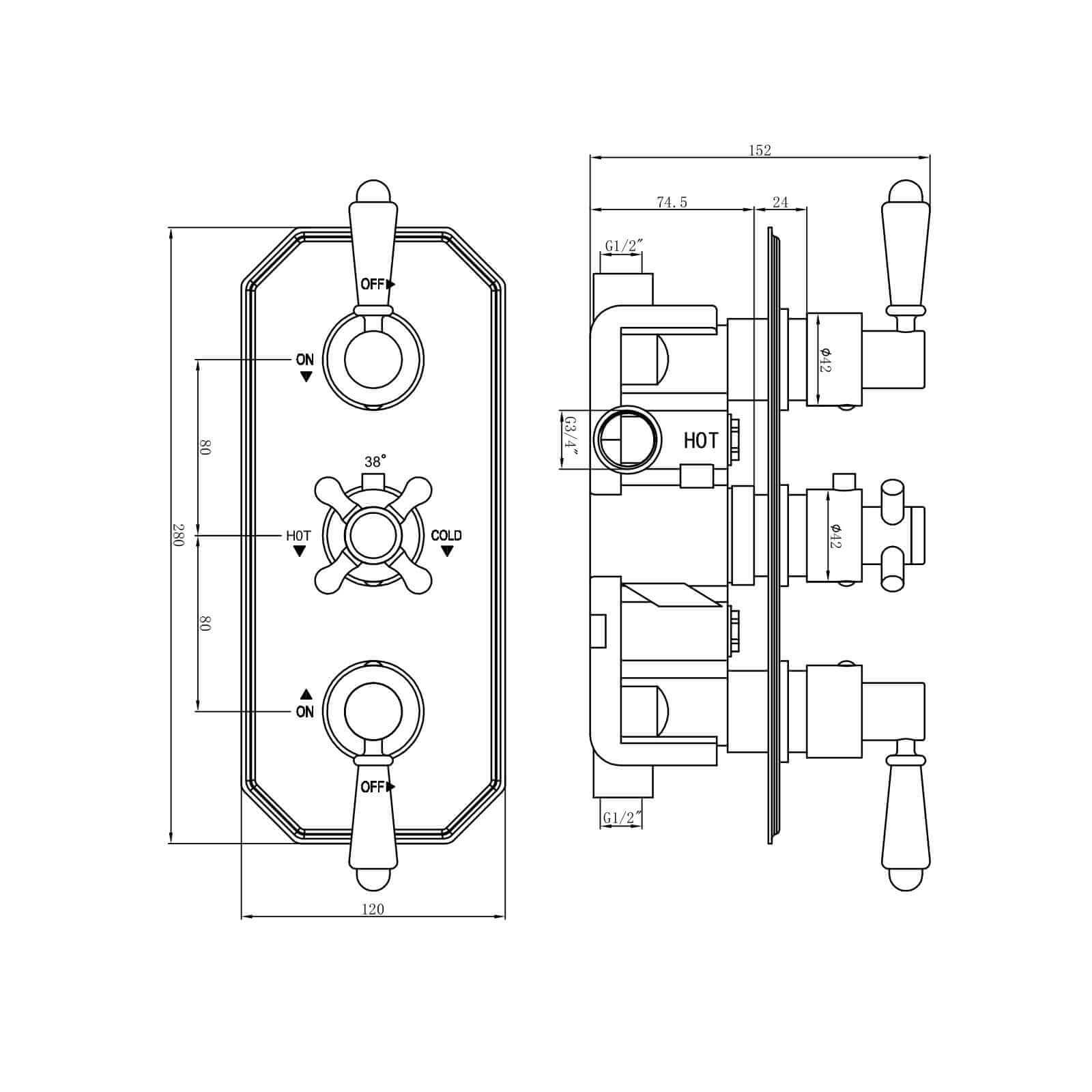 Regent traditional crosshead and white lever concealed thermostatic triple shower valve with 2 outlets - antique brass