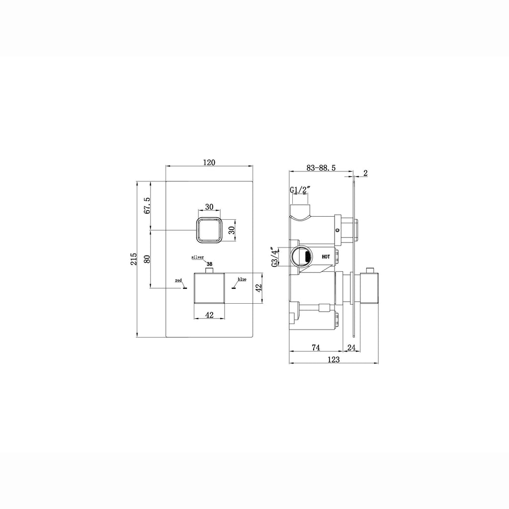 Spello square push button concealed thermostatic shower valve with 1 outlet - black