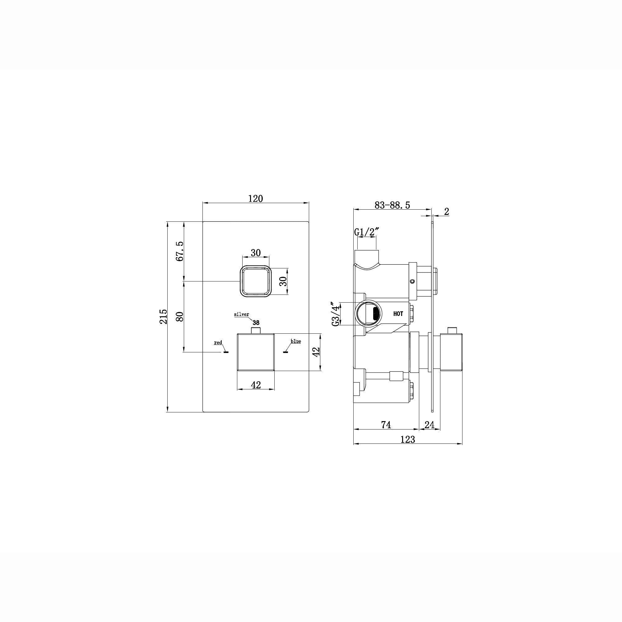 Spello square push button concealed thermostatic shower valve with 1 outlet - black