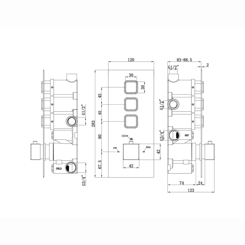 Spello square push button concealed thermostatic triple shower valve with 3 outlets - black