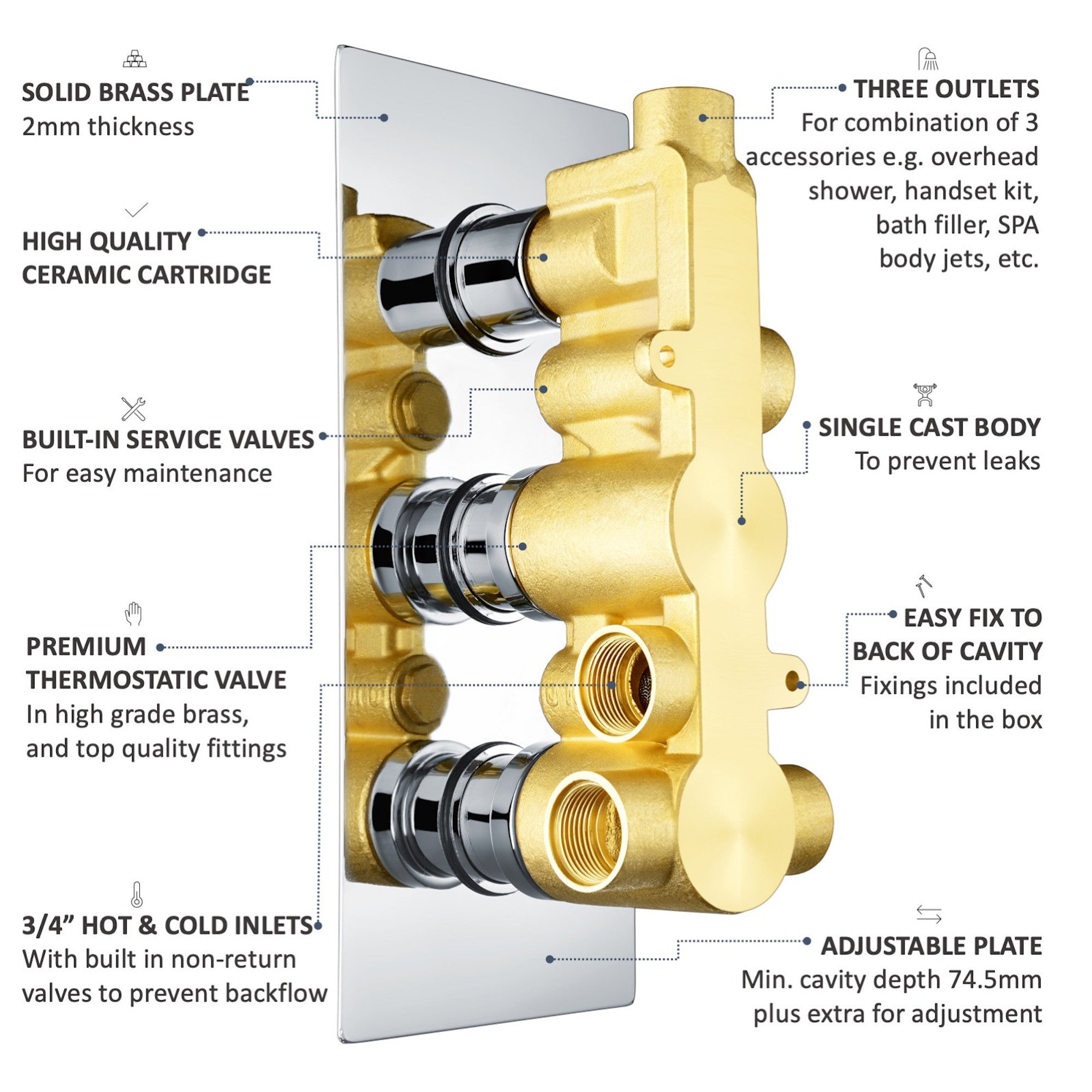Naples contemporary round concealed thermostatic triple shower valve with 3 outlets - chrome