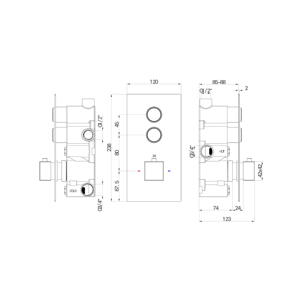 Spello square push button concealed thermostatic shower valve with 2 outlets - gunmetal grey