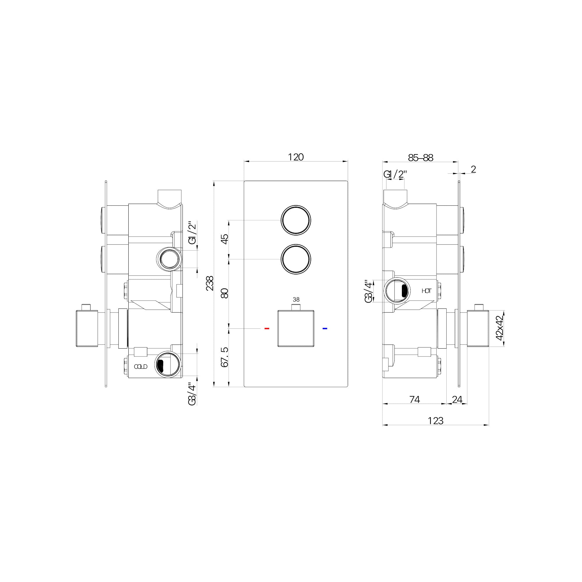 Spello square push button concealed thermostatic shower valve with 2 outlets - gunmetal grey