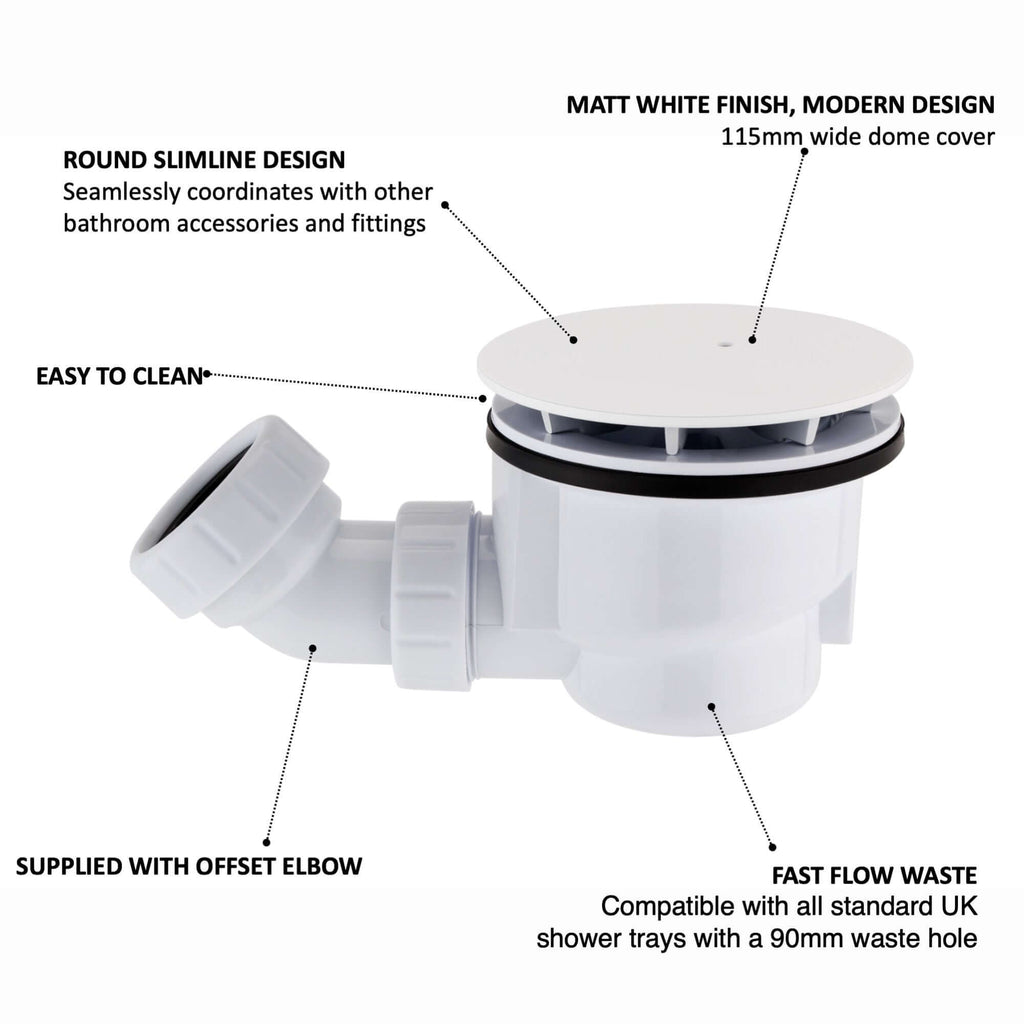 Shower tray high flow waste 90mm - matt white