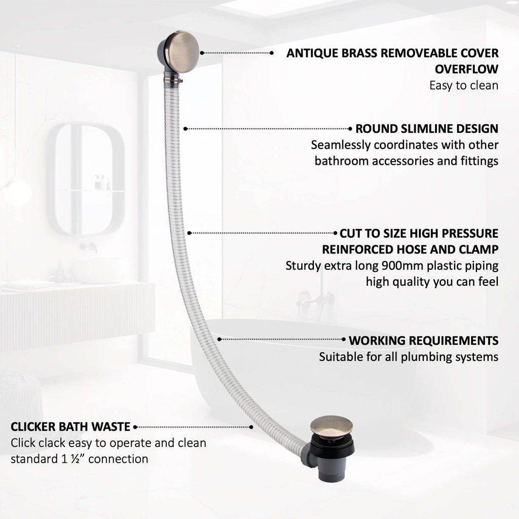 Easy clean cut to size pipe bath sprung waste & overflow (bath thickness 5-15mm) - antique brass