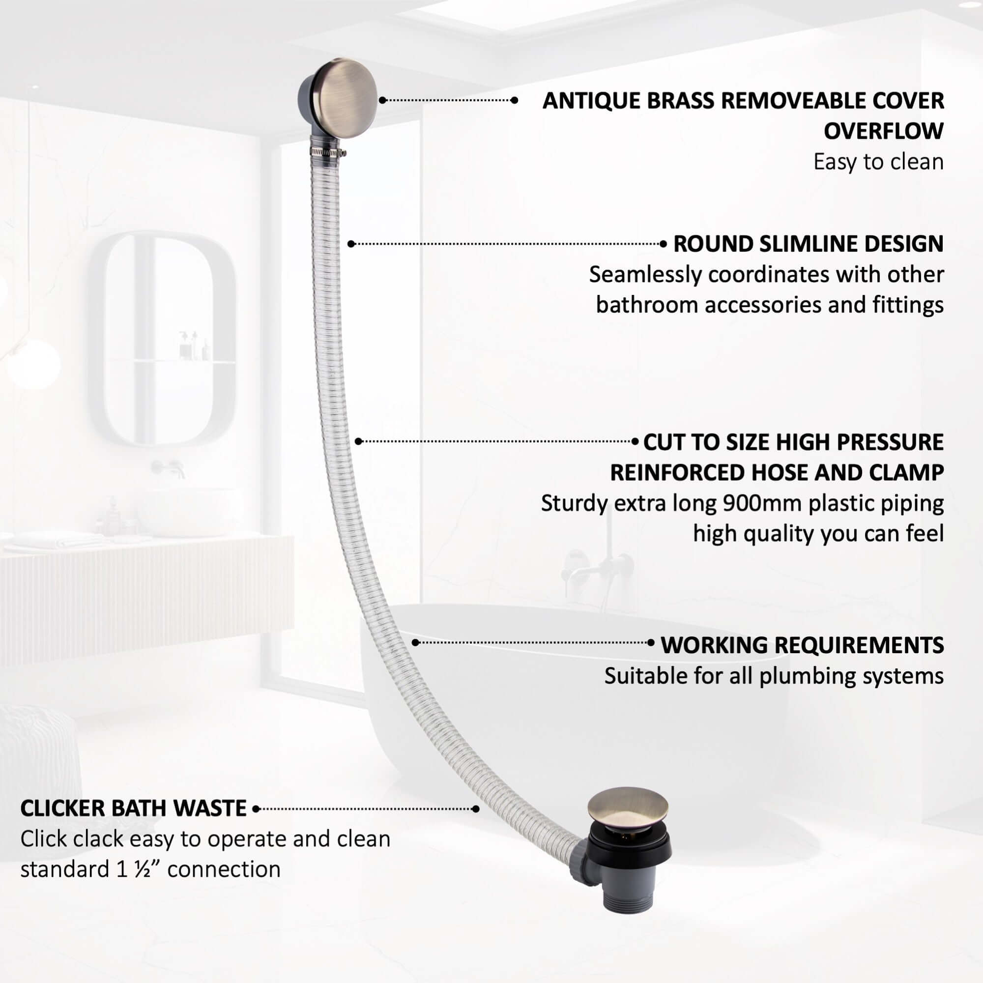 Easy clean cut to size pipe bath sprung waste & overflow (bath thickness 5-15mm) - antique brass