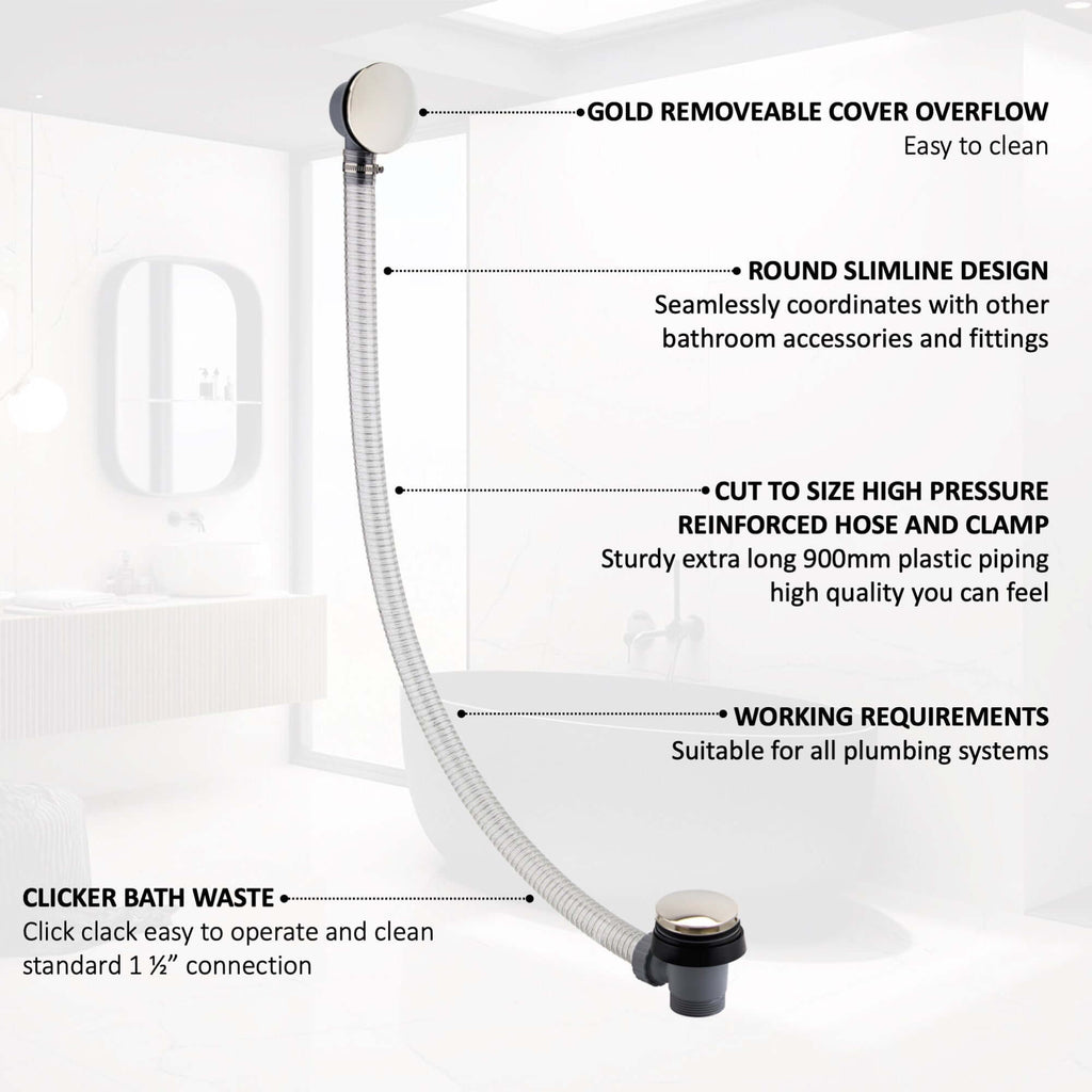 Easy clean cut to size pipe bath sprung waste & overflow (bath thickness 5-15mm) - gold