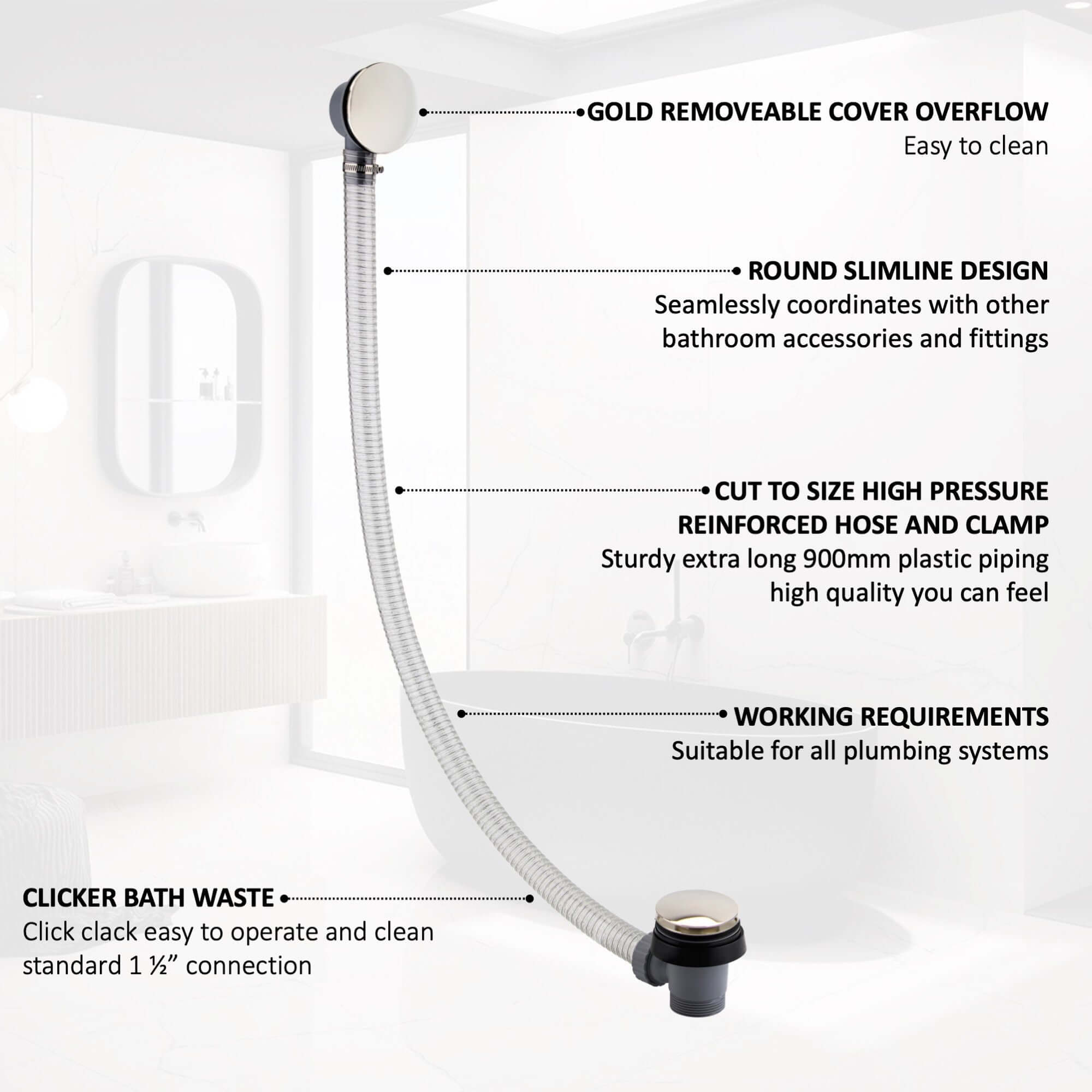 Easy clean cut to size pipe bath sprung waste & overflow (bath thickness 5-15mm) - gold