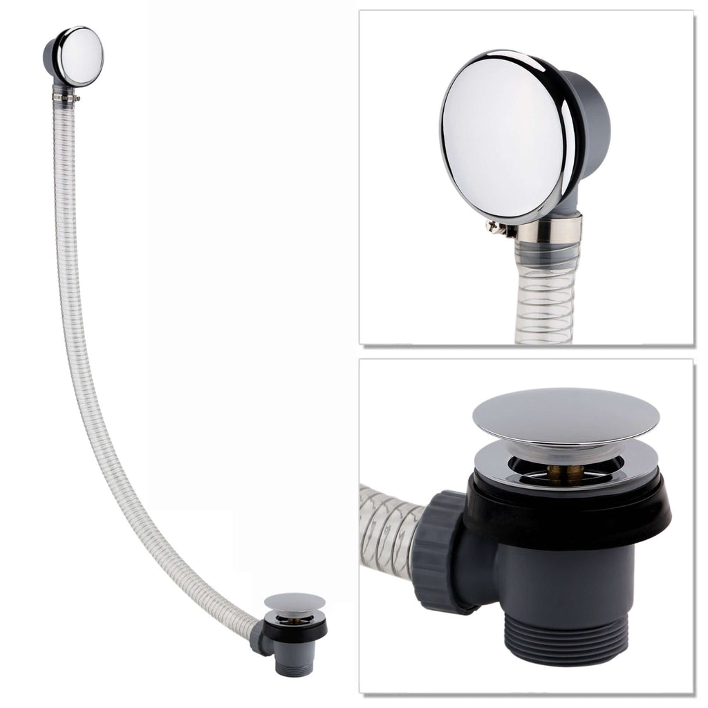 Easy clean cut to size pipe bath sprung waste & overflow (bath thickness 5-15mm) - chrome