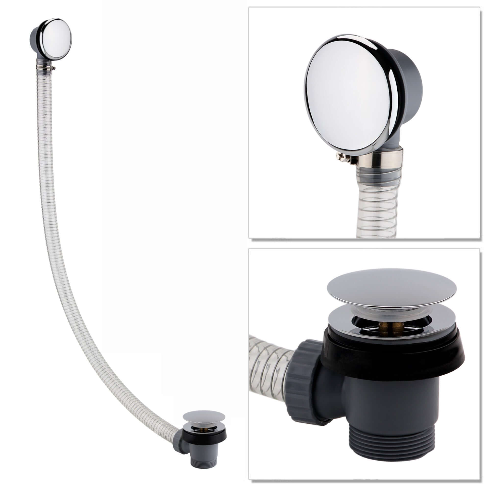 Easy clean cut to size pipe bath sprung waste & overflow (bath thickness 5-15mm) - chrome