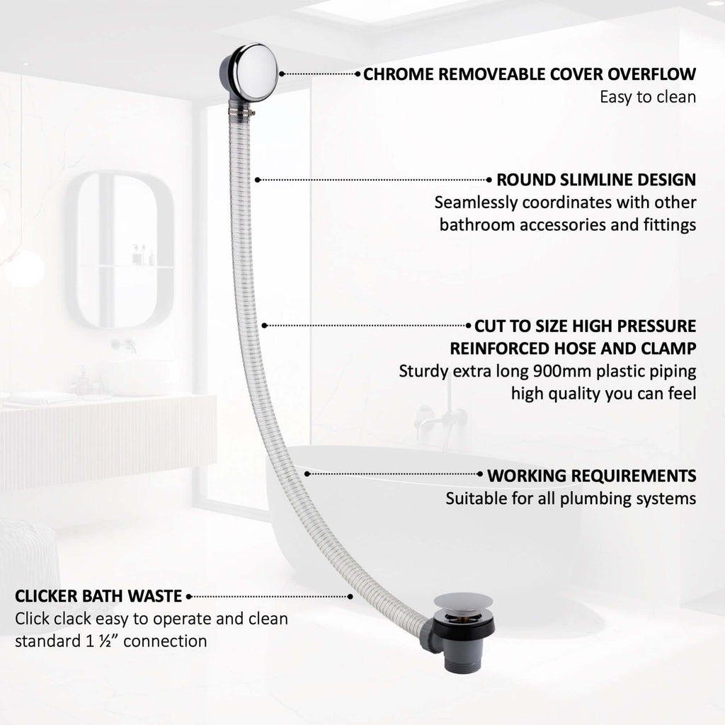 Easy clean cut to size pipe bath sprung waste & overflow (bath thickness 5-15mm) - chrome
