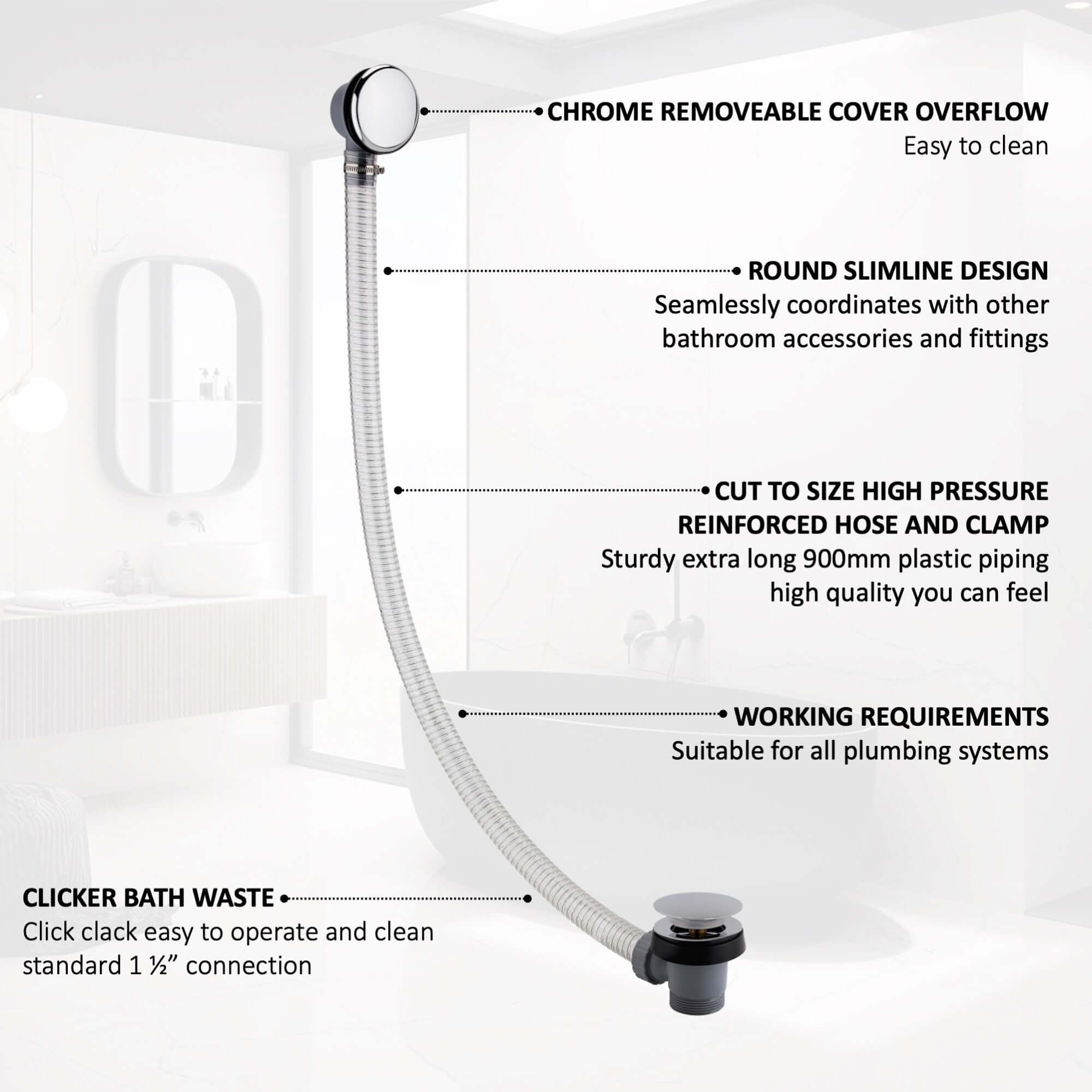 Easy clean cut to size pipe bath sprung waste & overflow (bath thickness 5-15mm) - chrome