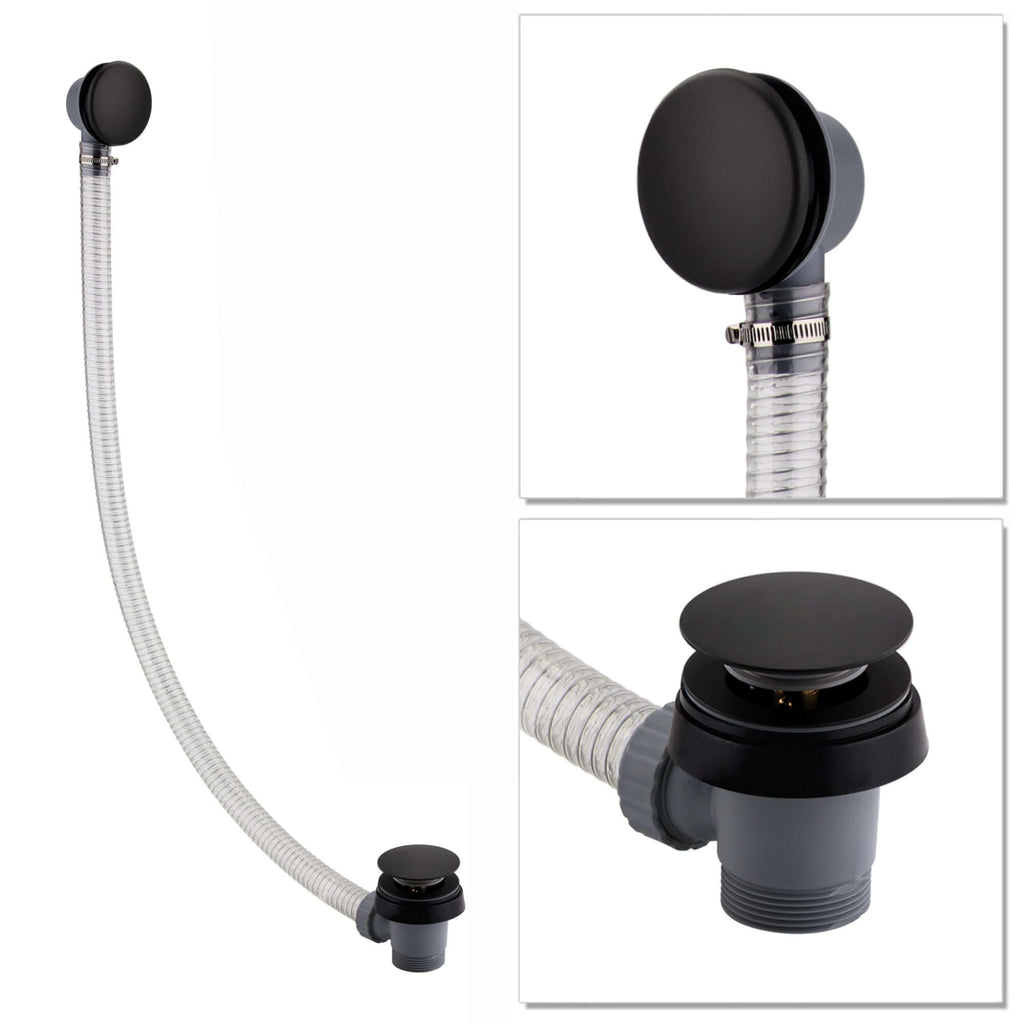 Easy clean cut to size pipe bath sprung waste & overflow (bath thickness 5-15mm) - matt black