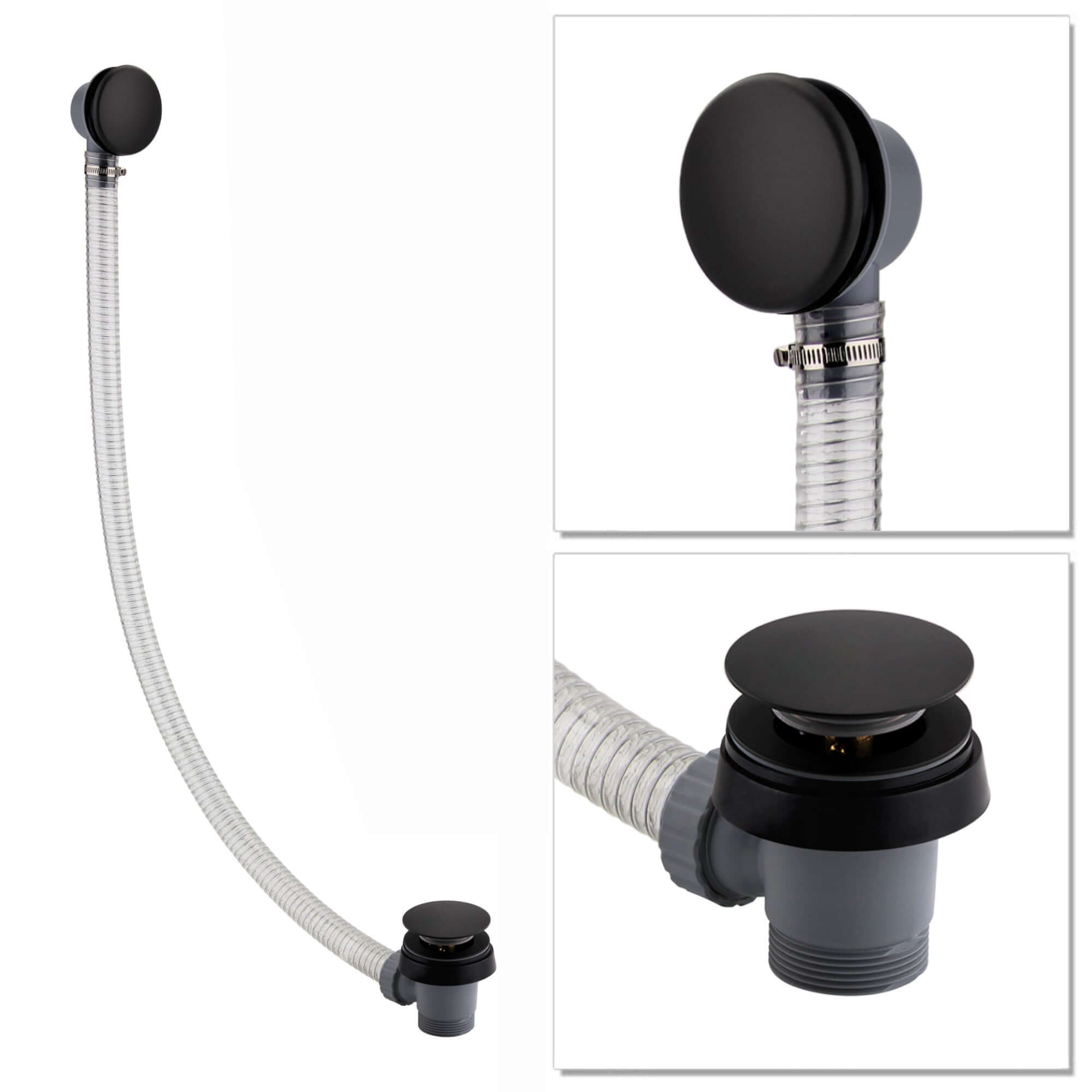 Easy clean cut to size pipe bath sprung waste & overflow (bath thickness 5-15mm) - matt black