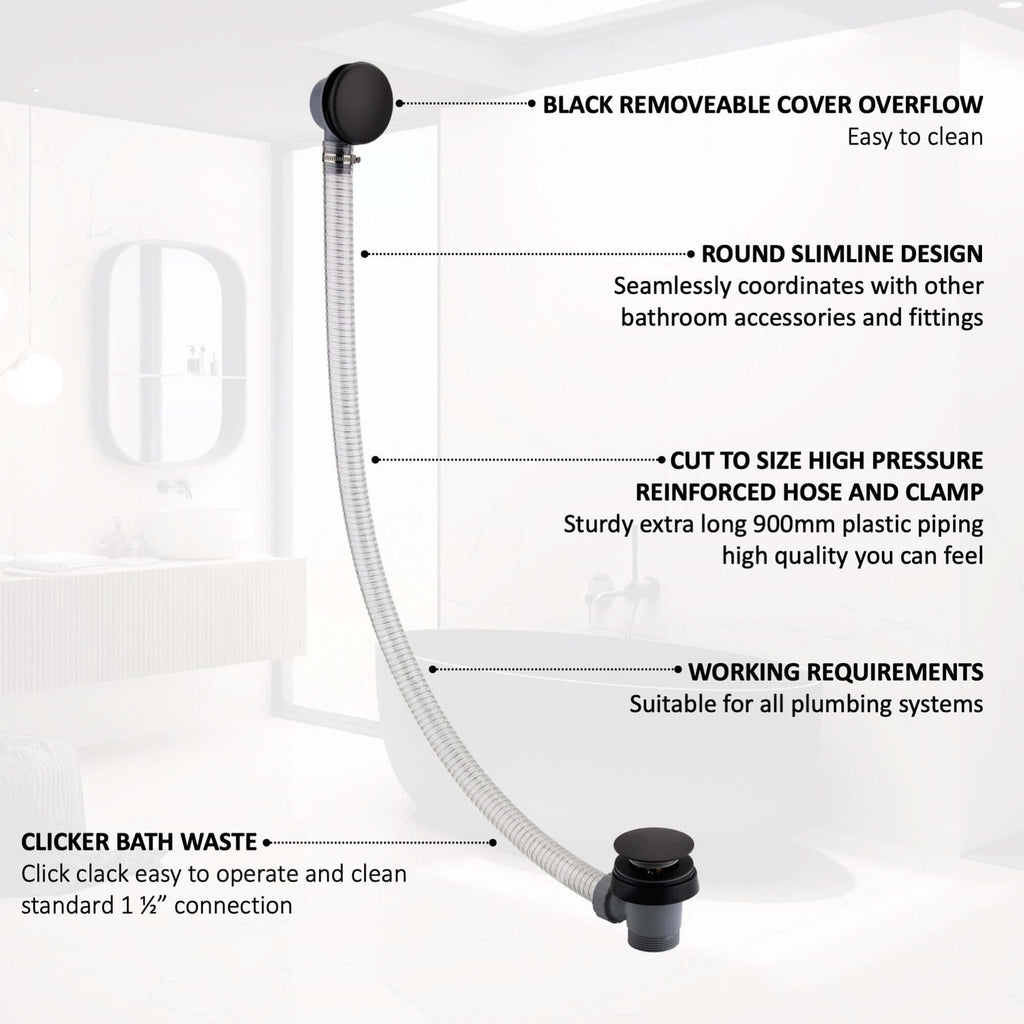 Easy clean cut to size pipe bath sprung waste & overflow (bath thickness 5-15mm) - matt black
