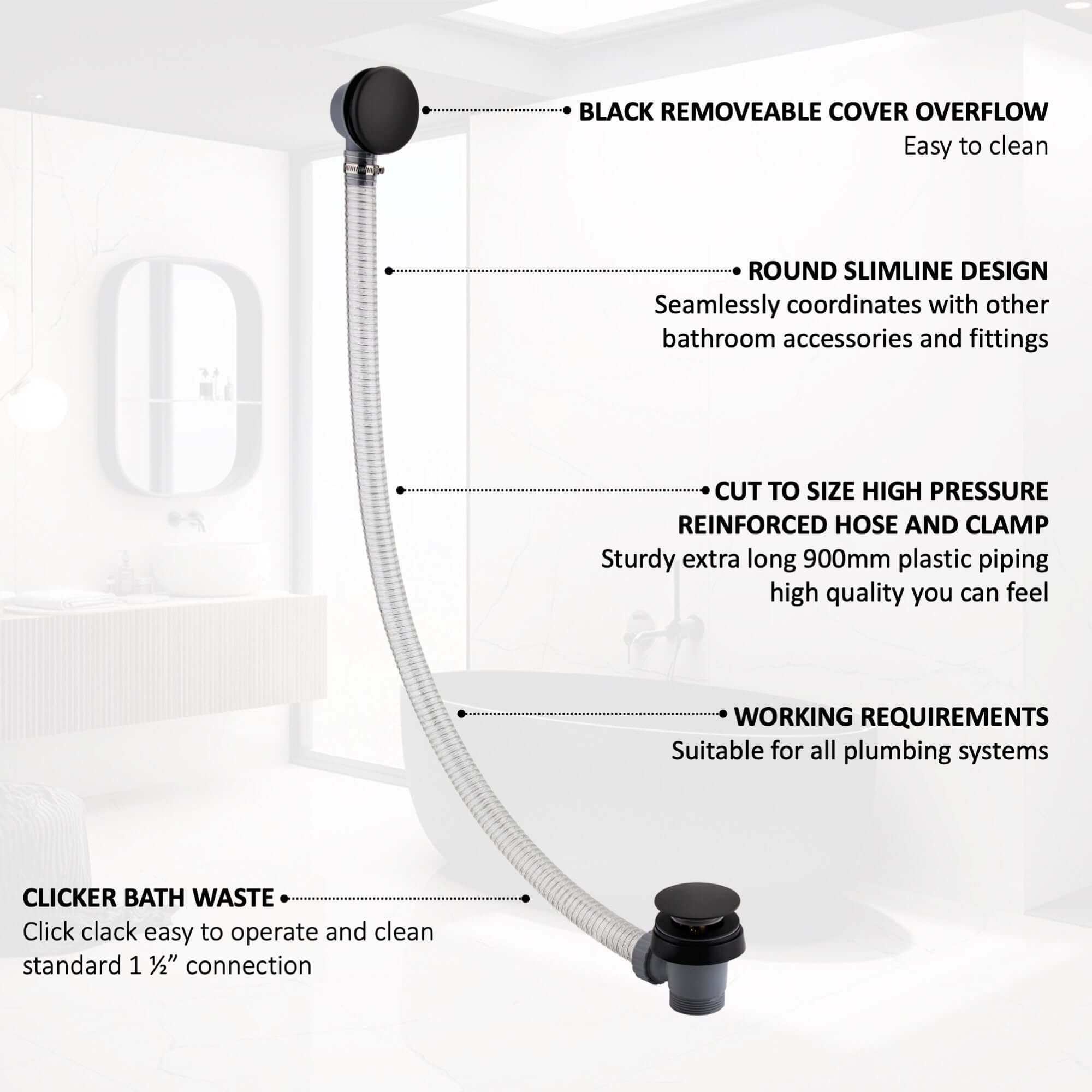 Easy clean cut to size pipe bath sprung waste & overflow (bath thickness 5-15mm) - matt black