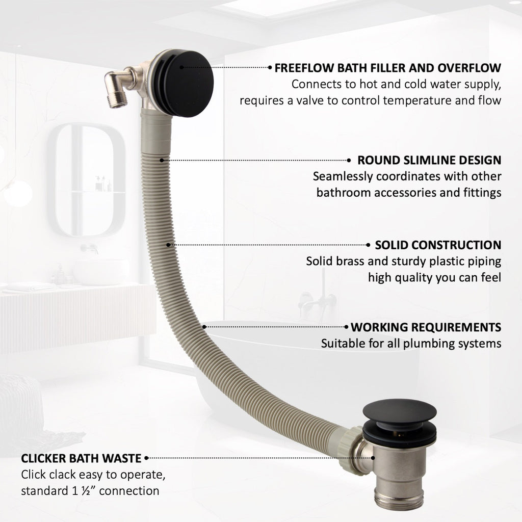 Round Bath Filler with Easy Clean Sprung Waste & Overflow - Matt Black