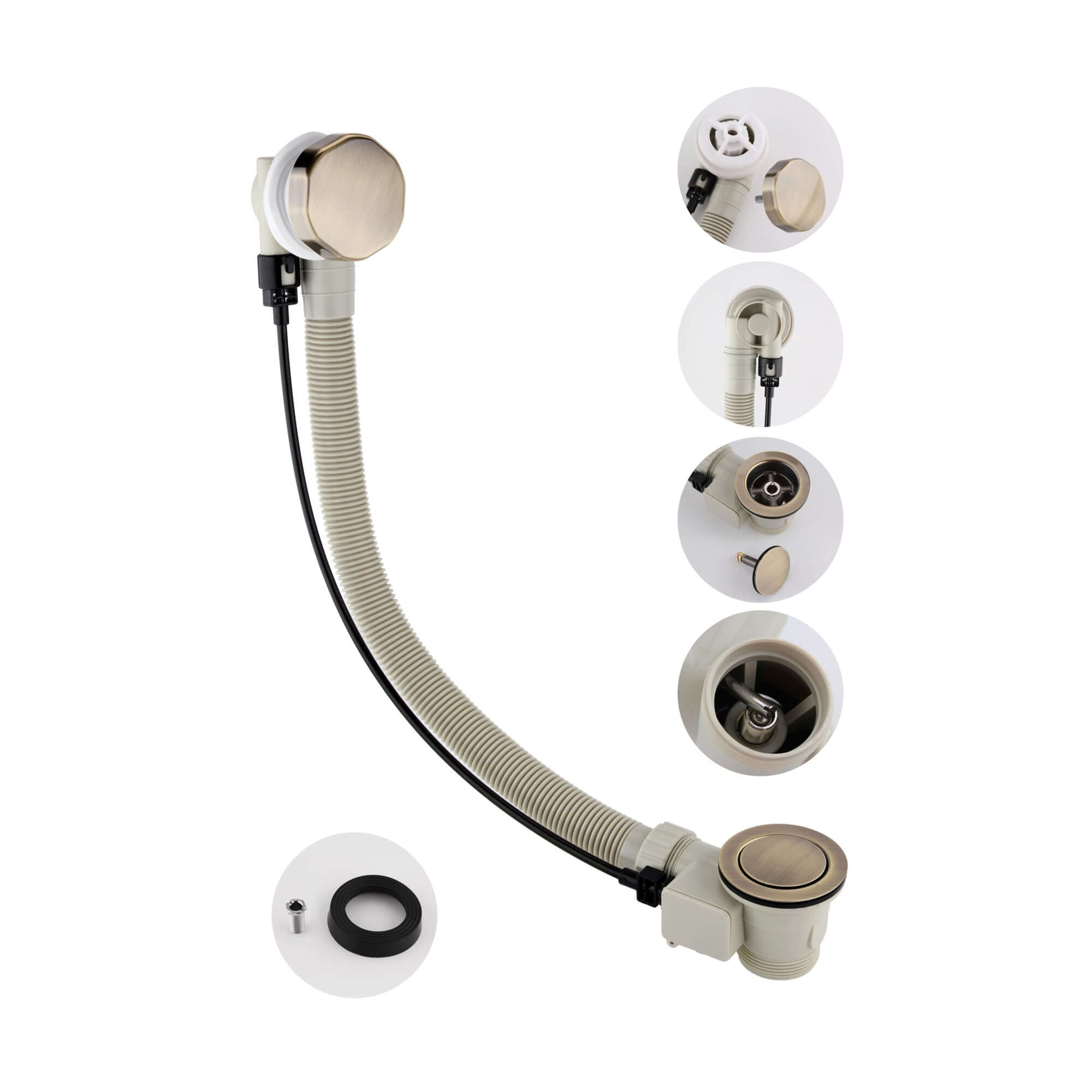 Bath pop up waste with overflow suitable for 5-25mm bath thickness - antique brass