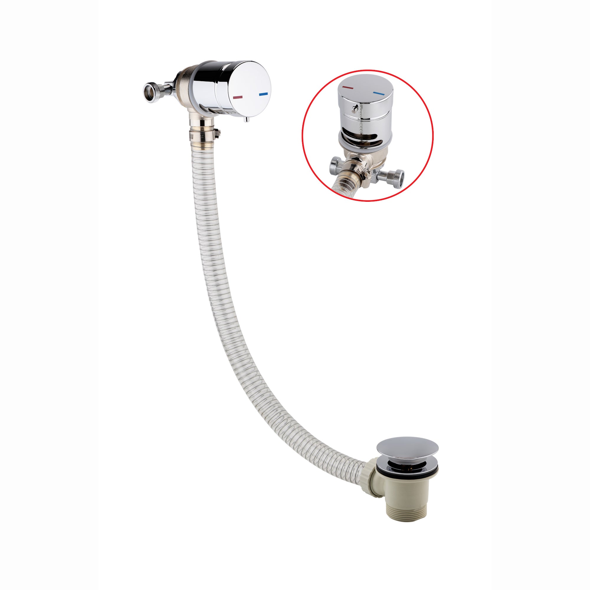 Round temperature control bath mixer filler with overflow and clicker waste - chrome