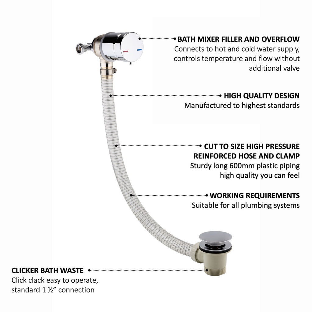 Round temperature control bath mixer filler with overflow and clicker waste - chrome