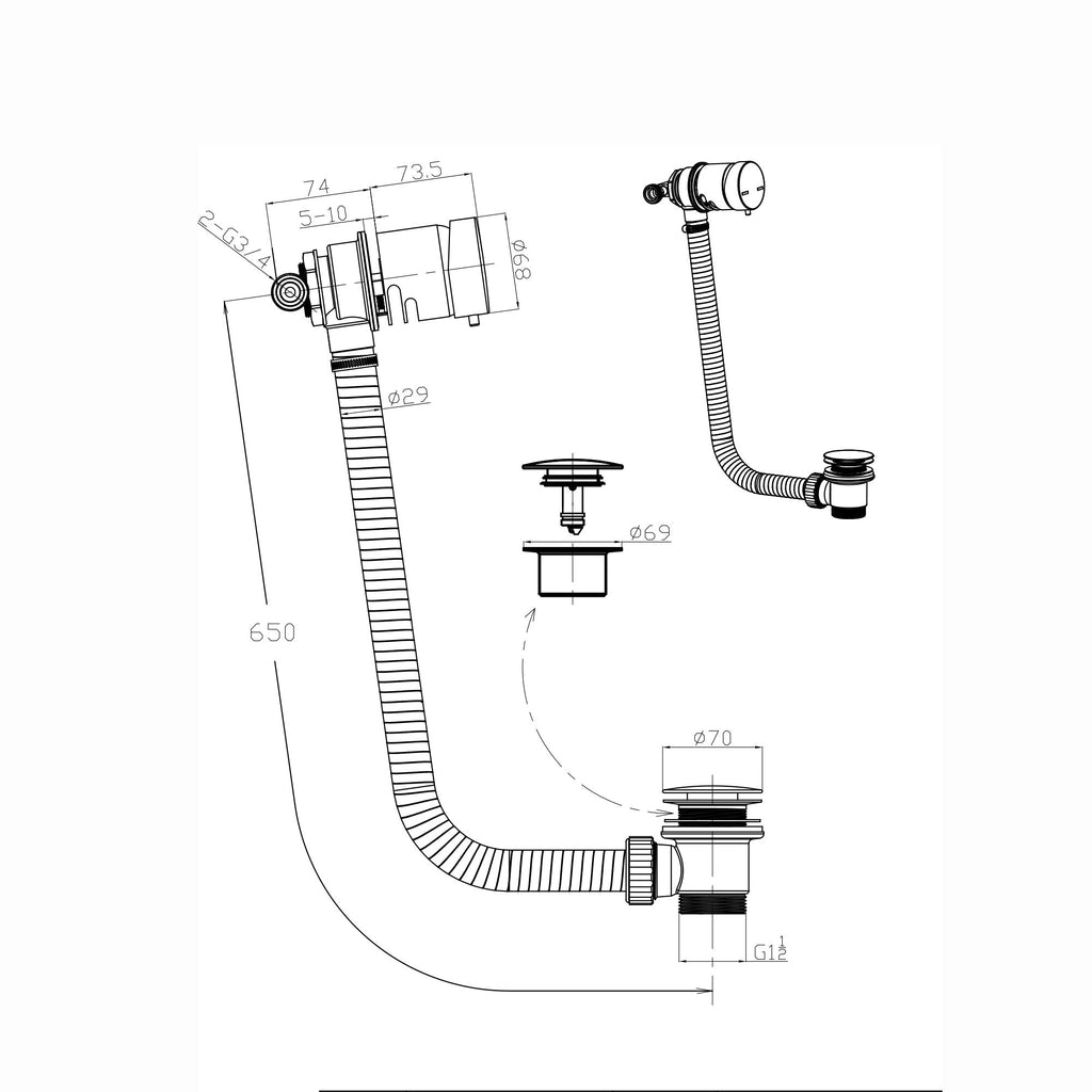 Round temperature control bath mixer filler with overflow and clicker waste - chrome