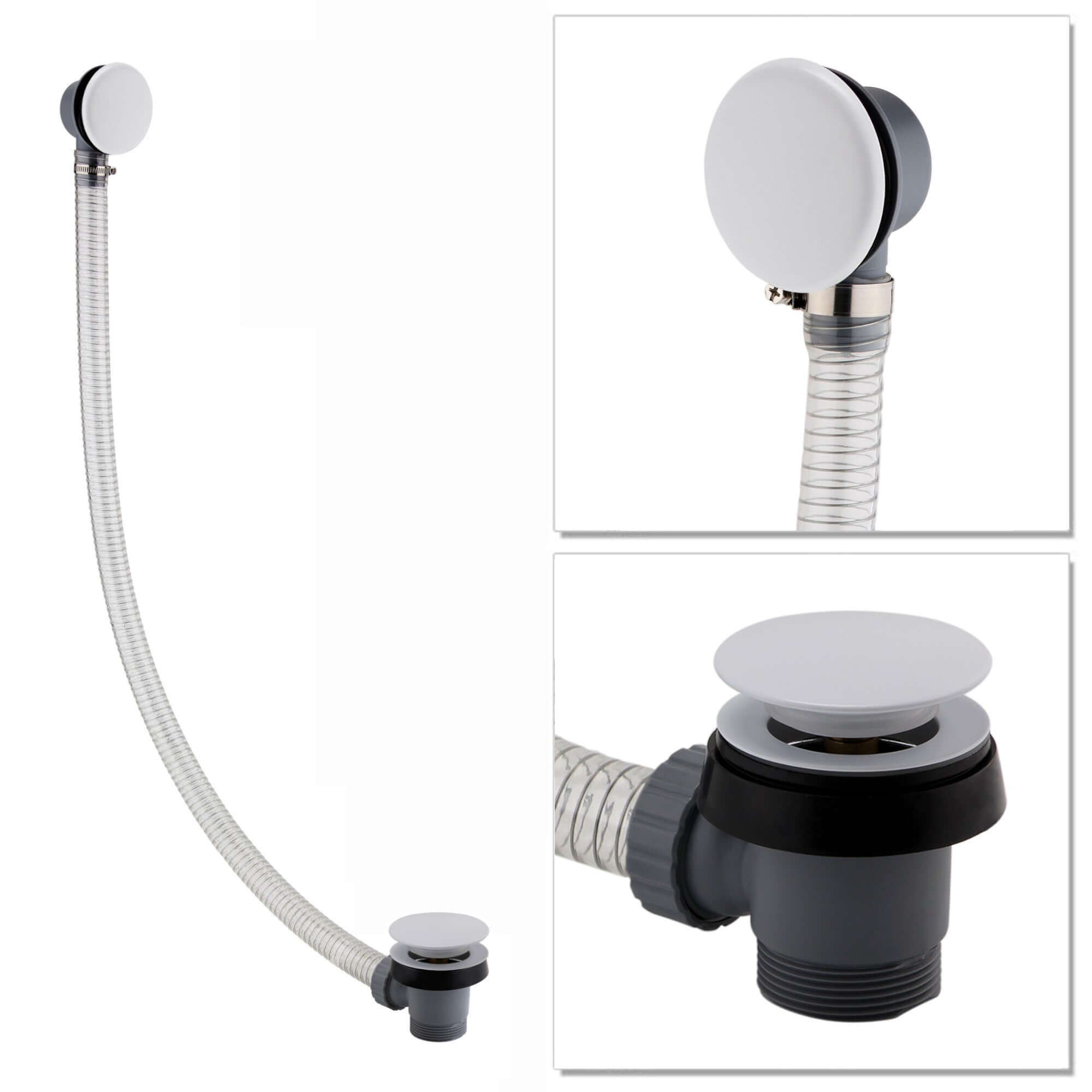 Easy clean cut to size pipe bath sprung waste & overflow (bath thickness 5-15mm) - matt white
