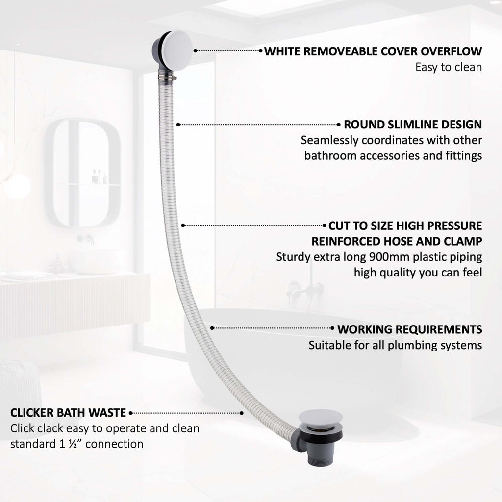 Easy clean cut to size pipe bath sprung waste & overflow (bath thickness 5-15mm) - matt white