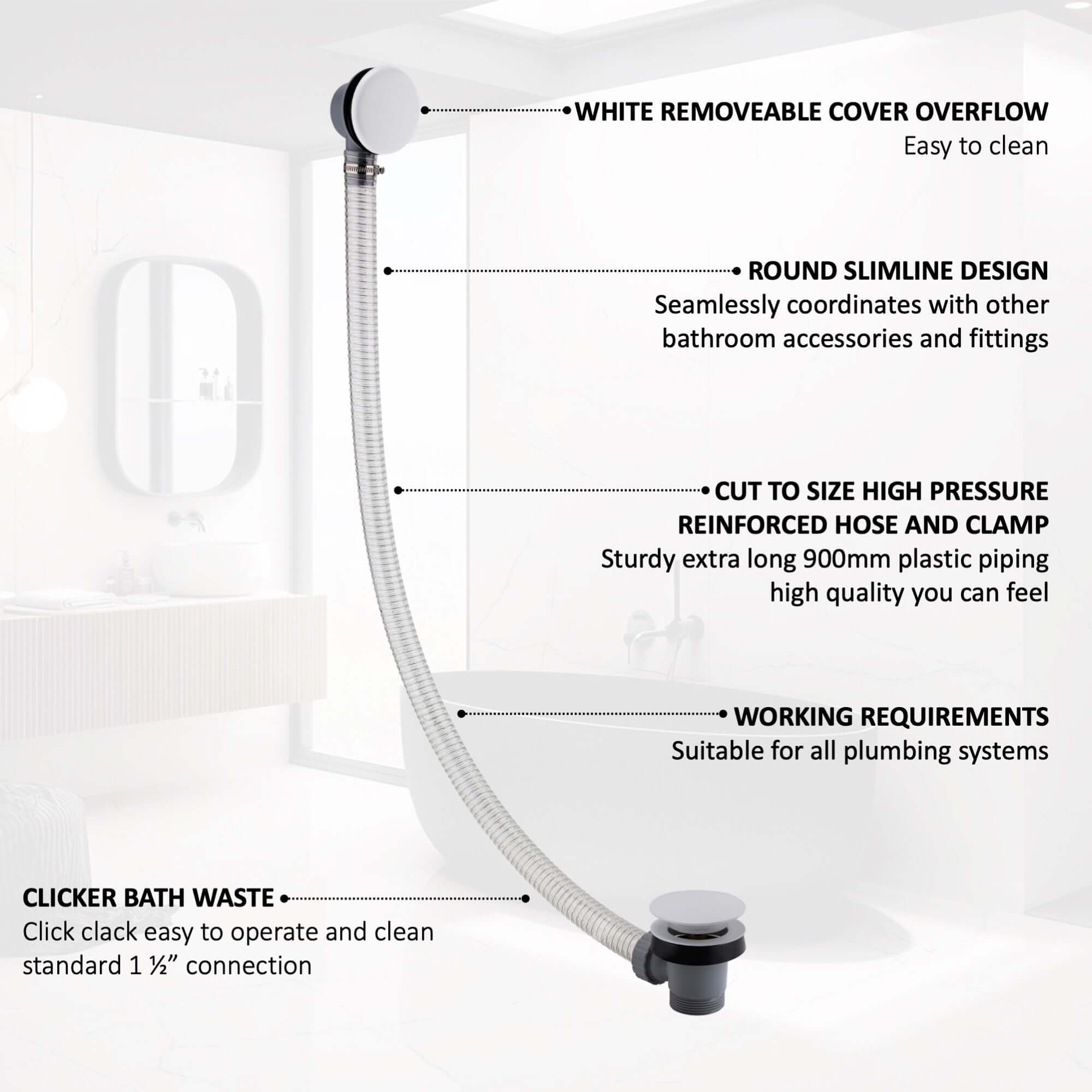 Easy clean cut to size pipe bath sprung waste & overflow (bath thickness 5-15mm) - matt white
