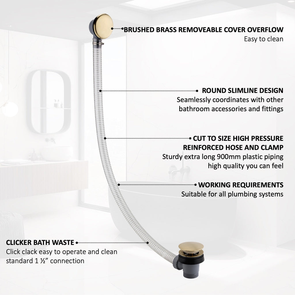 Easy clean cut to size pipe bath sprung waste & overflow (bath thickness 5-15mm) - brushed brass