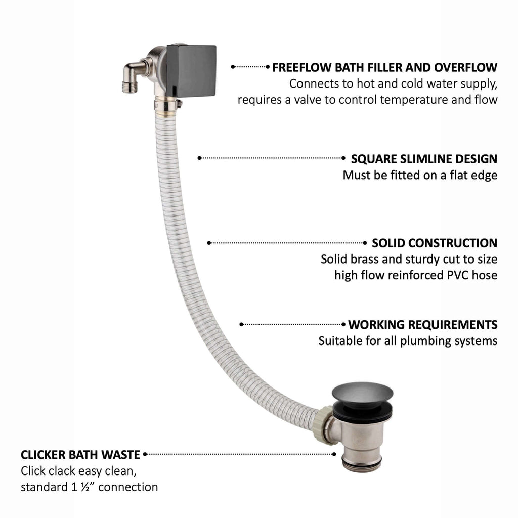 Square freeflow bath filler with overflow and clicker waste - gunmetal grey
