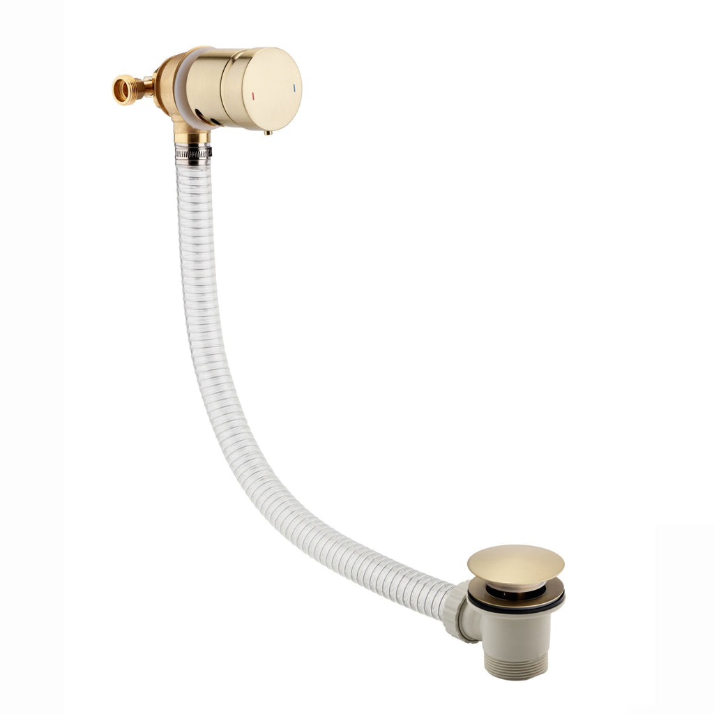 Round temperature control bath mixer filler with overflow and clicker waste - brushed brass