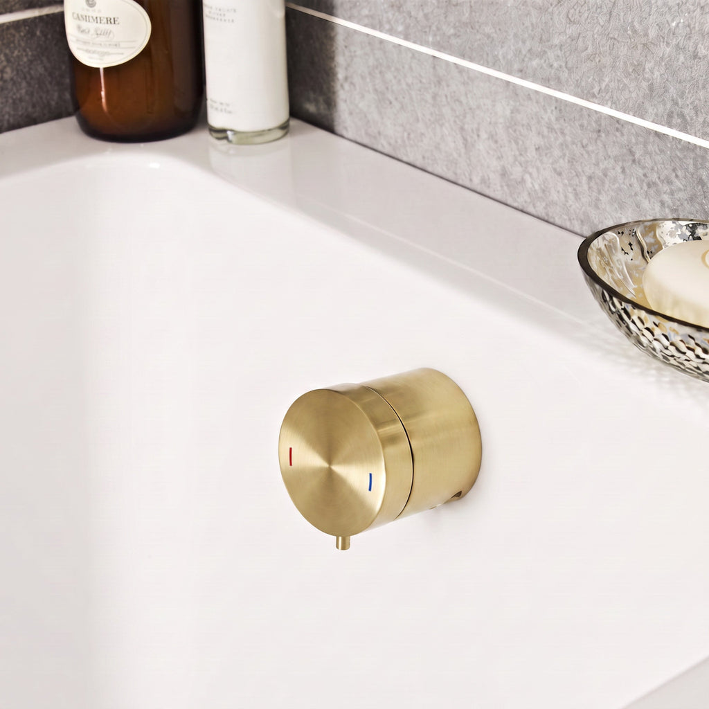 Round temperature control bath mixer filler with overflow and clicker waste - brushed brass