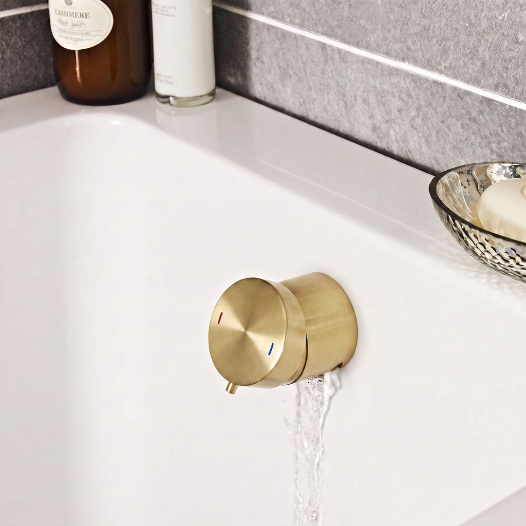 Round temperature control bath mixer filler with overflow and clicker waste - brushed brass