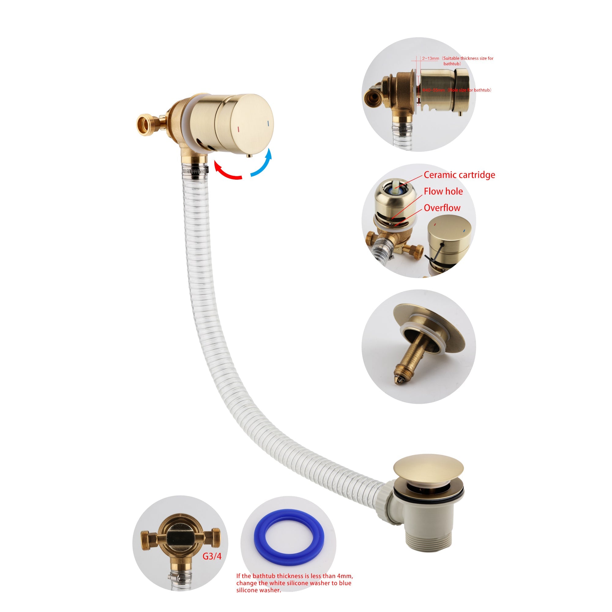 Round temperature control bath mixer filler with overflow and clicker waste - brushed brass