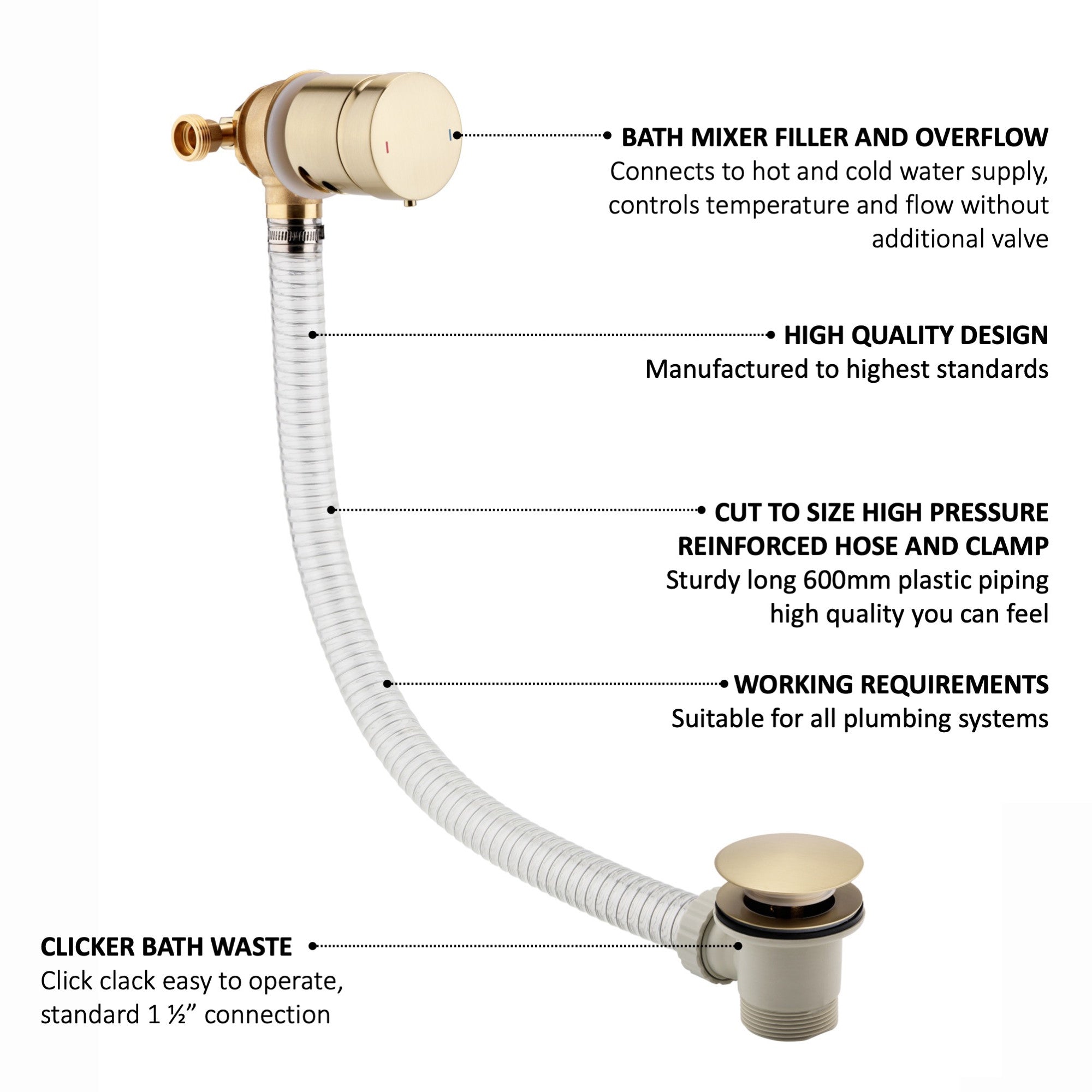Round temperature control bath mixer filler with overflow and clicker waste - brushed brass