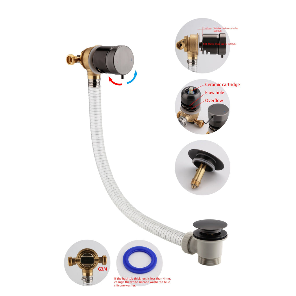 Round temperature control bath mixer filler with overflow and clicker waste - gunmetal grey