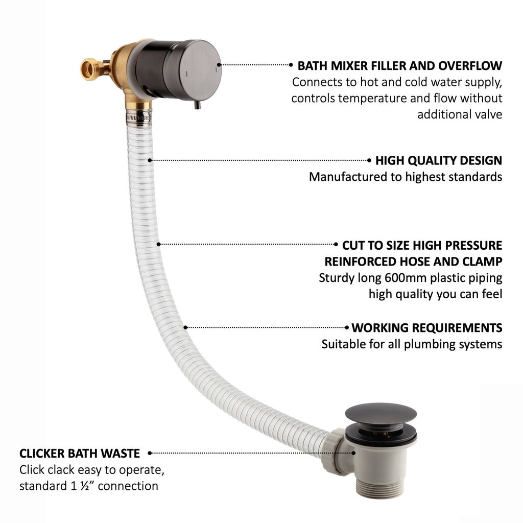 Round temperature control bath mixer filler with overflow and clicker waste - gunmetal grey