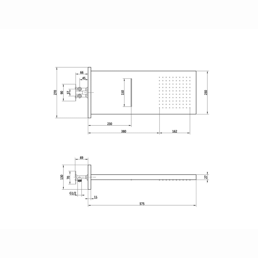 Rectangular dual fixed shower head (waterfall + rainfall)  575 x 230mm - black