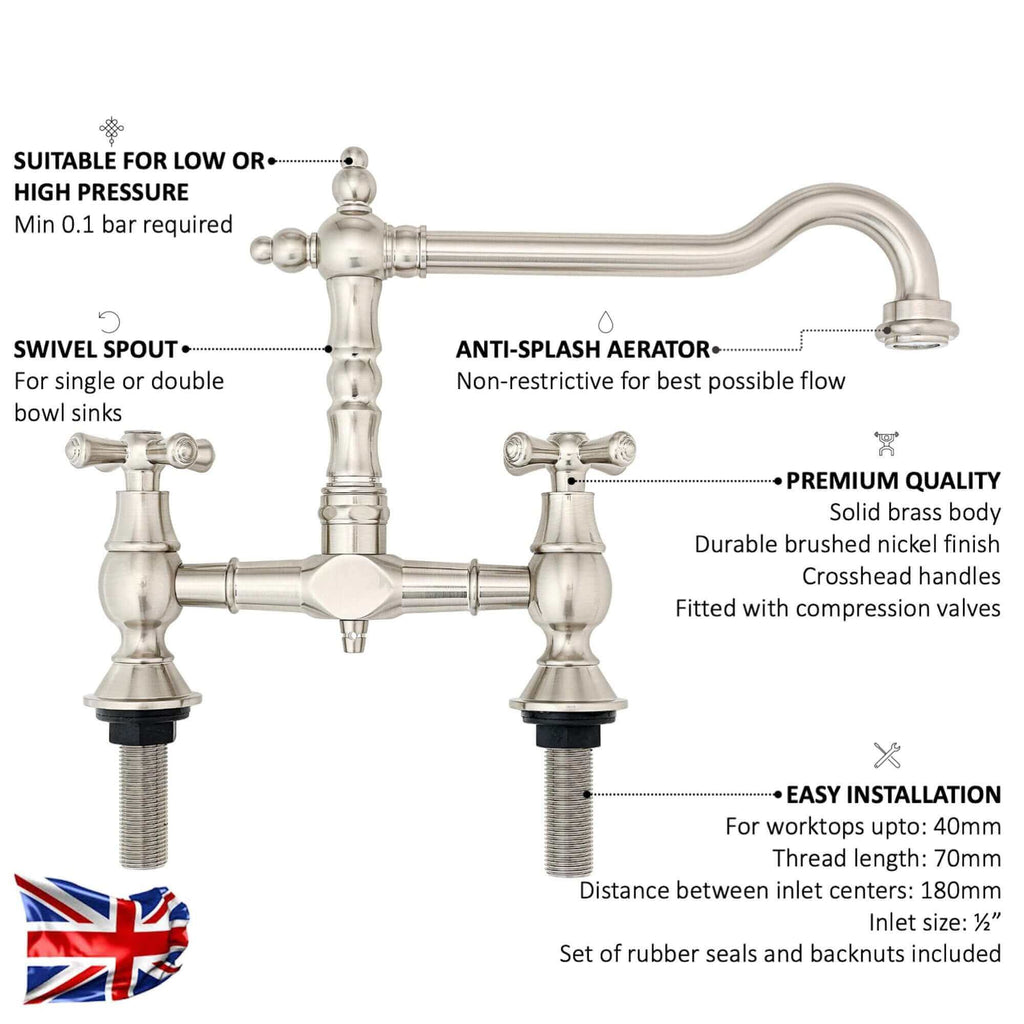 Langley Brushed Nickel Bridge Kitchen Sink Mixer Tap Traditional Colonial Crosshead
