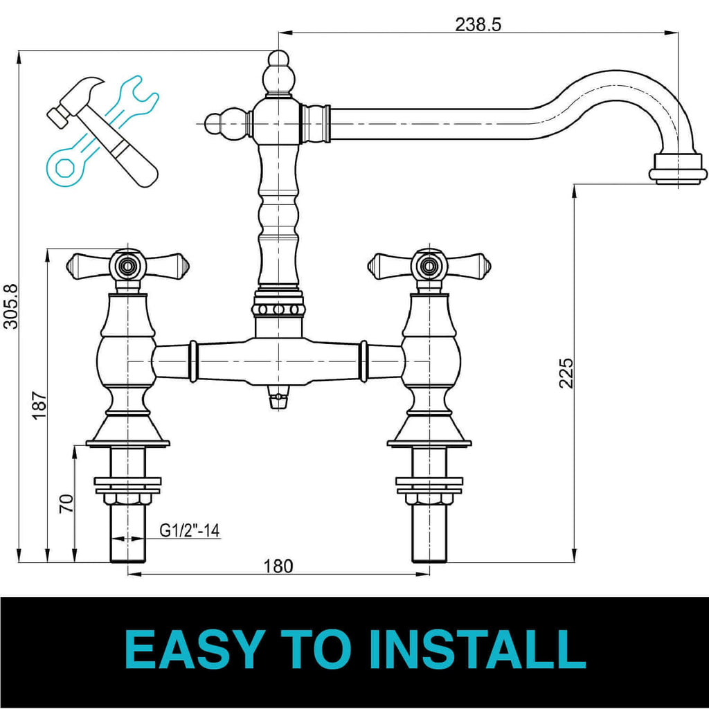 Langley Brushed Nickel Bridge Kitchen Sink Mixer Tap Traditional Colonial Crosshead