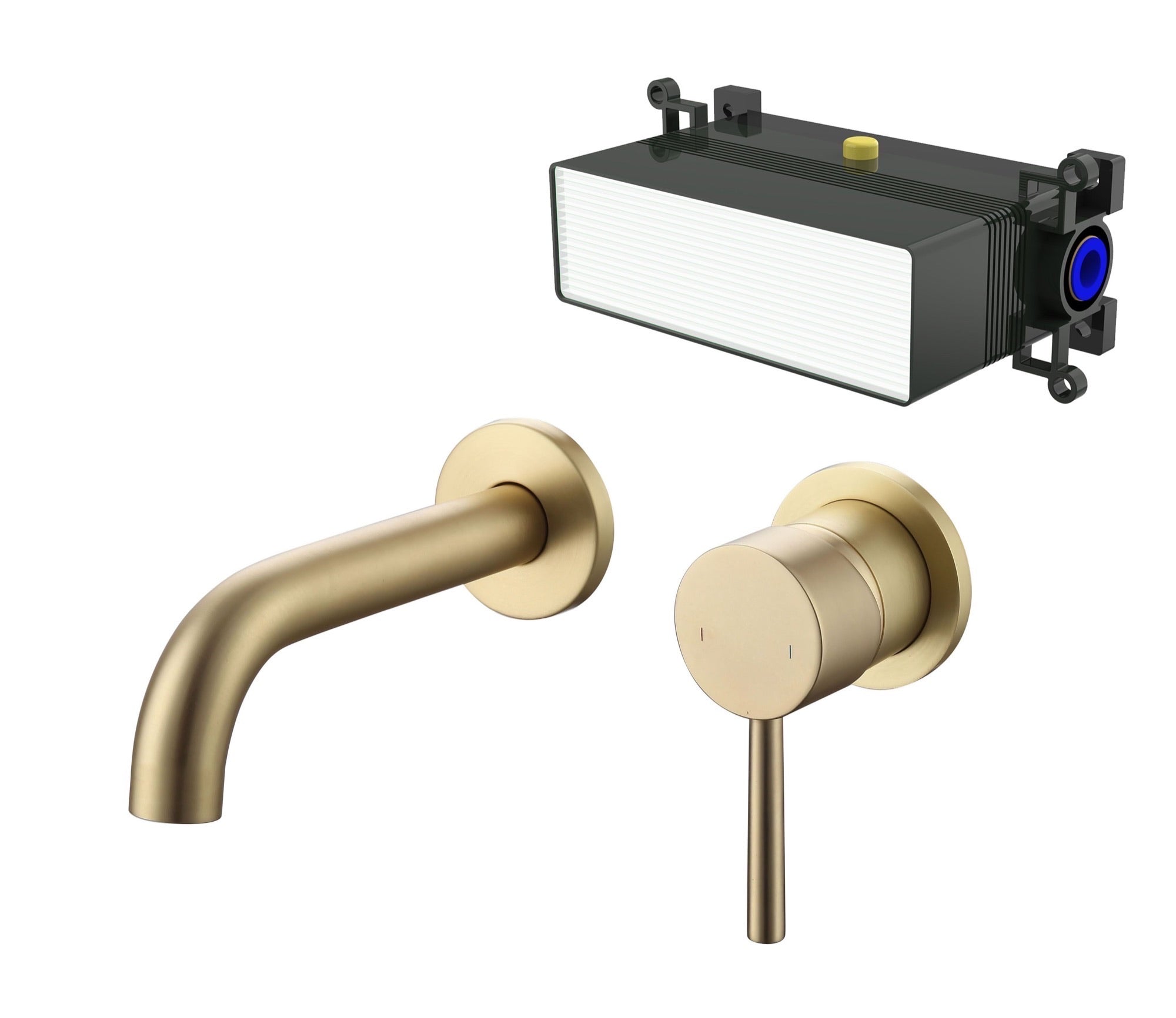 Calder wall mounted basin mixer with EZ box - brushed gold
