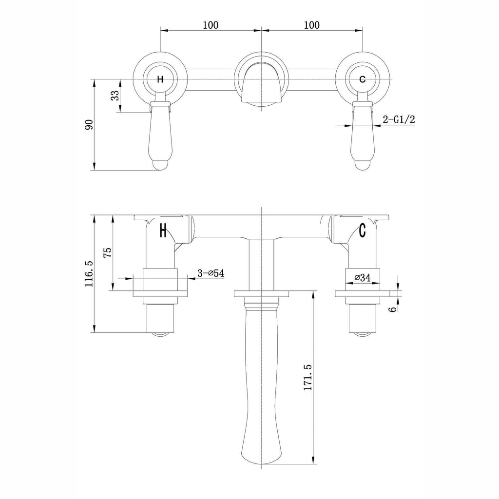 Downton wall-mount basin mixer tap 3 hole with white ceramic levers - antique brass
