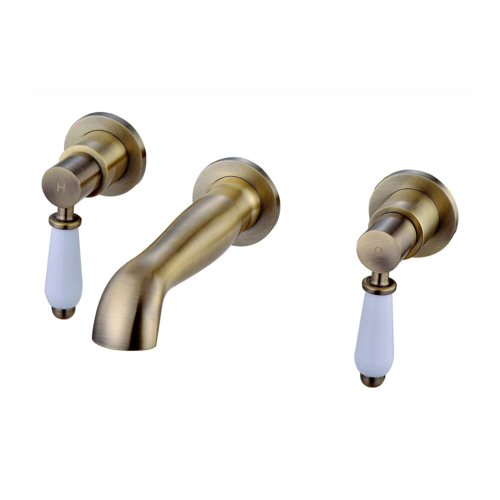 Downton wall-mount basin mixer tap 3 hole with white ceramic levers - antique brass