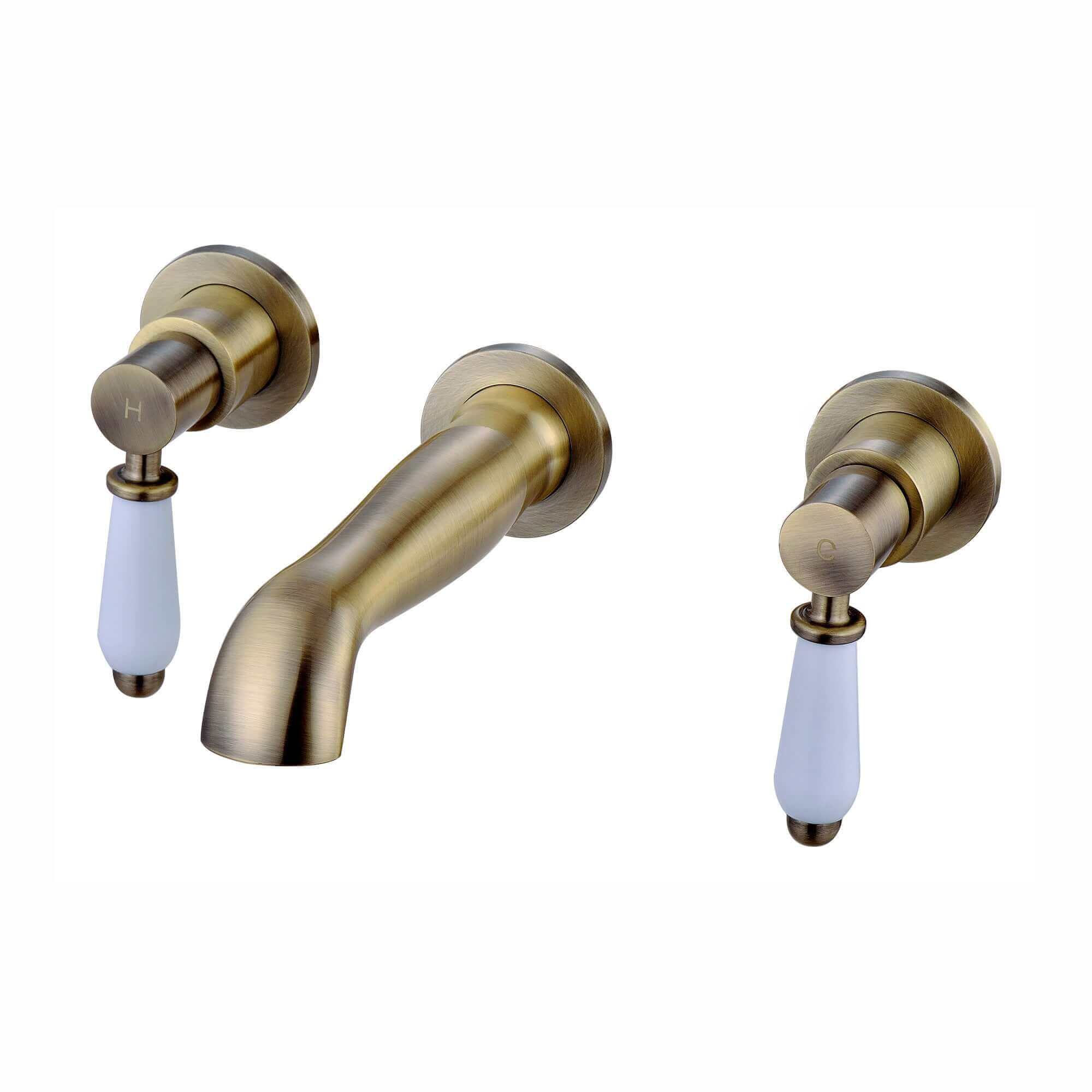 Downton wall-mount basin mixer tap 3 hole with white ceramic levers - antique brass