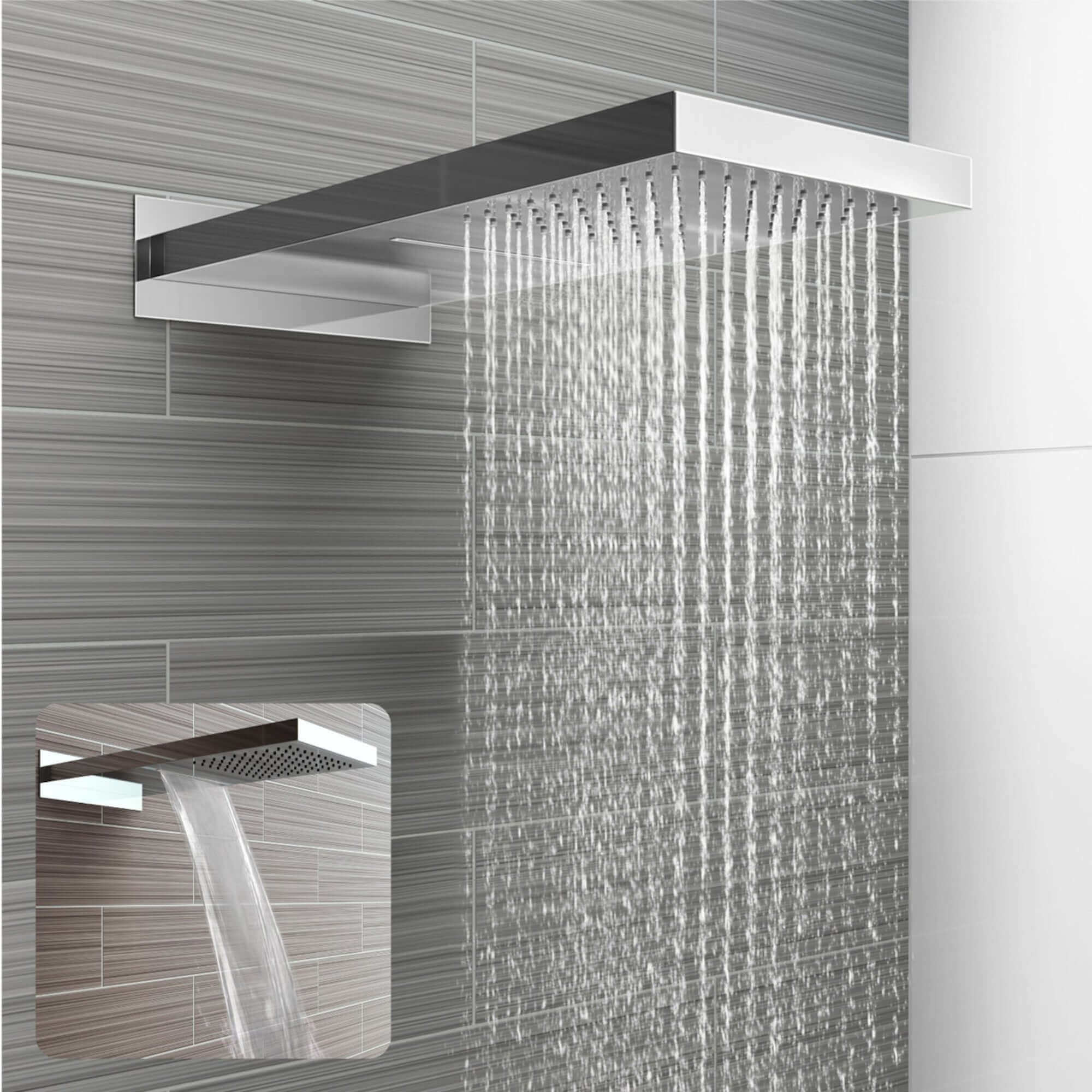 Rectangular dual fixed shower head (waterfall + rainfall)  575 x 230mm - chrome