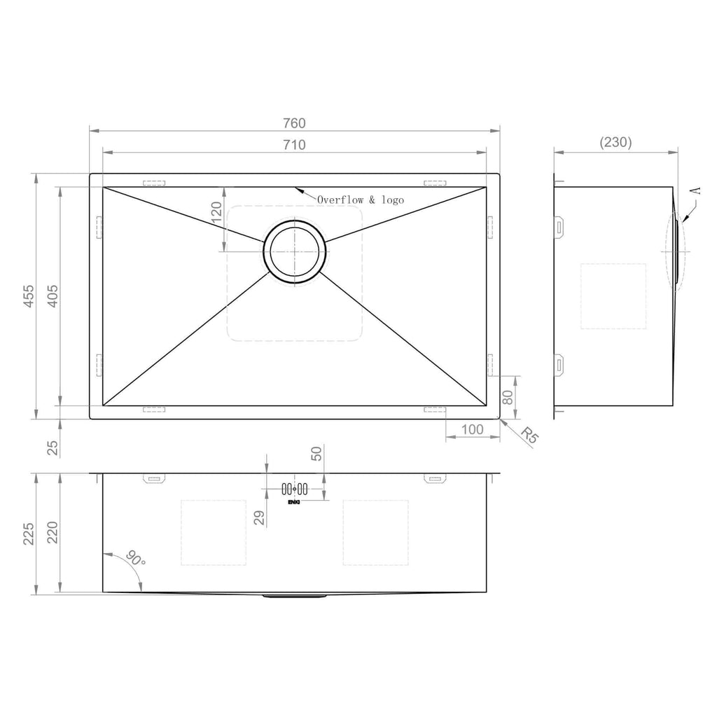 Bali Brushed Stainless Steel Kitchen Sink Undermount Or Topmount With Overflow (760mm X 455mm, 1.0 Bowl)