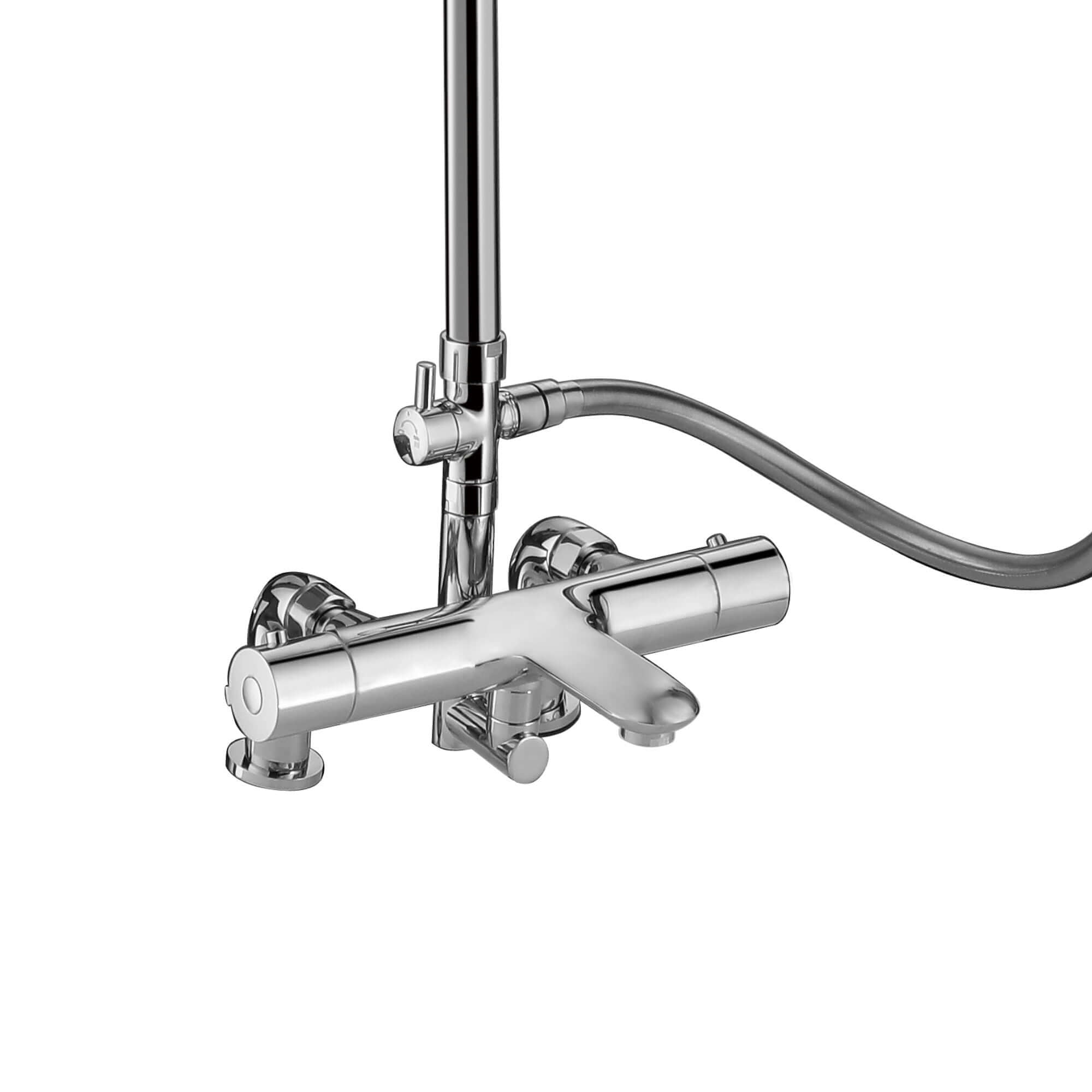 Cali thermostatic bar bath shower mixer valve with dual rigid riser kit, 200mm round overhead rain shower and handheld - chrome