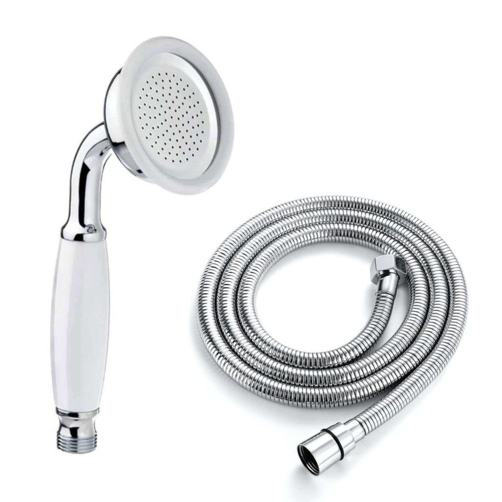 Traditional Handheld Shower Head and Hose Kit Brass with White Ceramic Details - Chrome