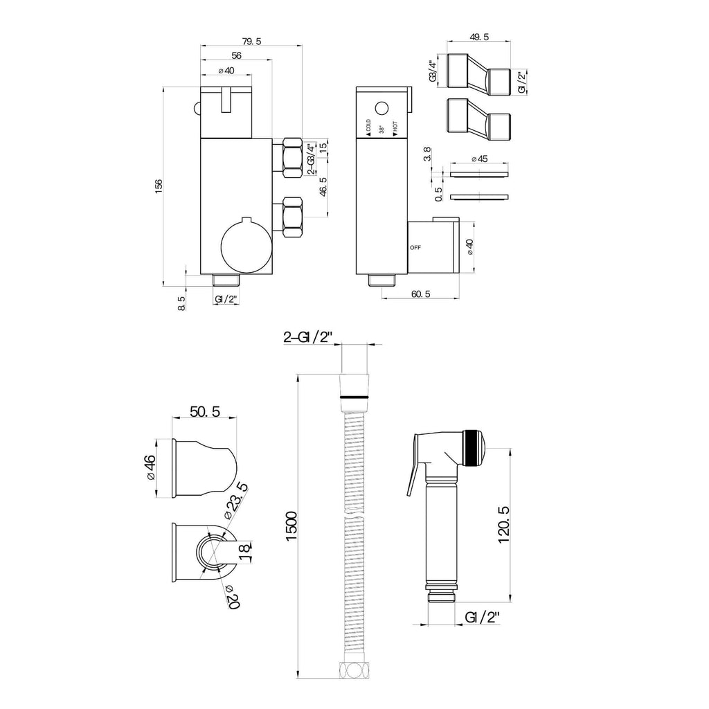 Vero round douche thermostatic bar valve with shower spray kit - brushed brass